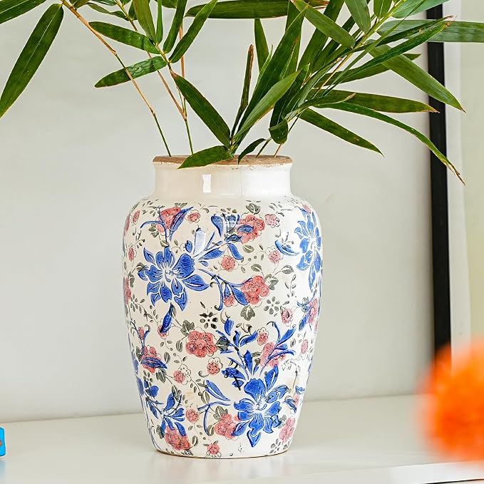 Sungmor Ceramic Flower Vase, Vintage Blue Ice Cracked Glaze Porcelain Vase | Pretty Home Decor Vase for Flower Arrangement, Fresh Flowers, 10.2 Inch Tall Chinoiserie Pottery Vase, Green Floral Pattern