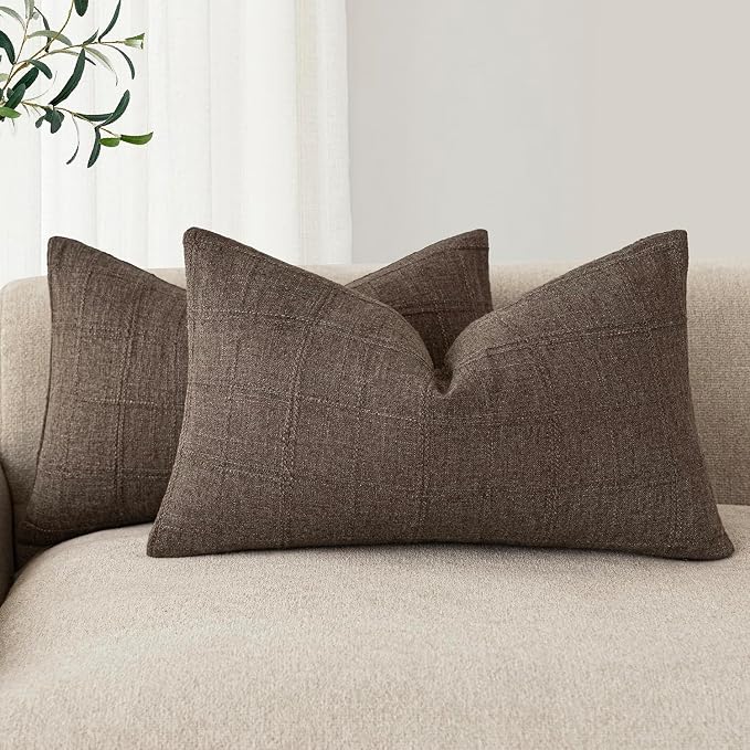 Foindtower Set of 2 Decorative Linen Check Throw Pillow Covers Neutral Farmhouse Lumbar Cushion Covers Modern Boho Home Decor for Sofa Chair Couch Bedroom Living Room,12×24 Inch,Dark Brown