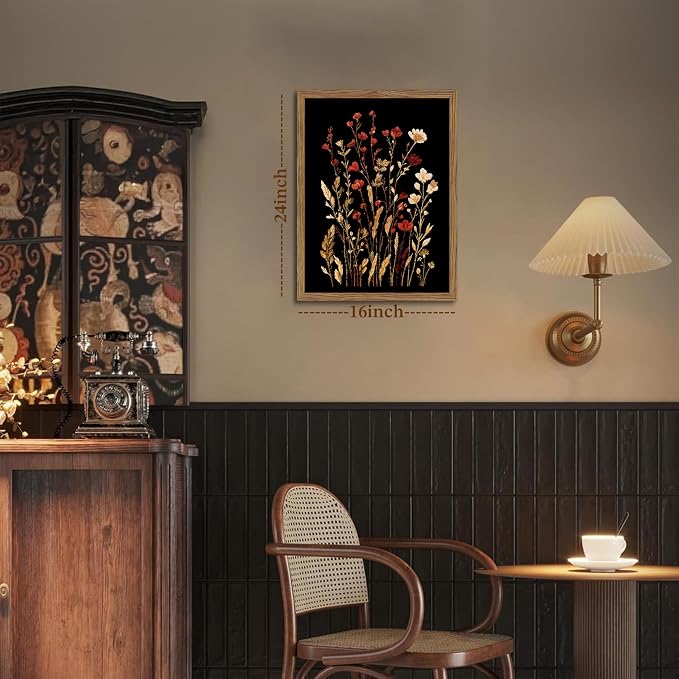 Framed Vintage Floral Wall Art, Dark Wildflower Botanical Canvas Wall Decor Paintings, Rustic Moody Flower Artwork Poster Print Picture for Bathroom Bedroom Living Room 16x24 Inch