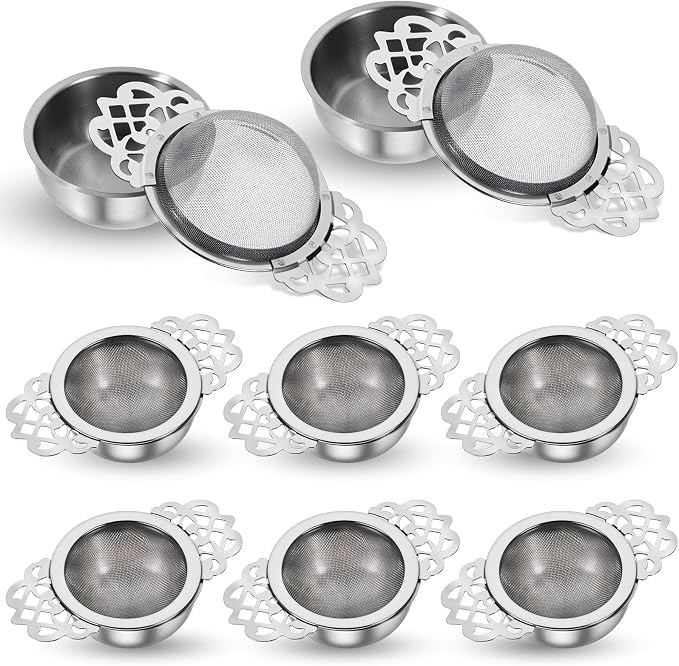 JJUNW 8 Pack 304 Stainless Steel Tea Drain Strainer, Tea Filter Mesh, Tea Drip Bowls, Teapot Strainer With Petal Handles Tea Divider for Loose Tea Juice Coffee Filter