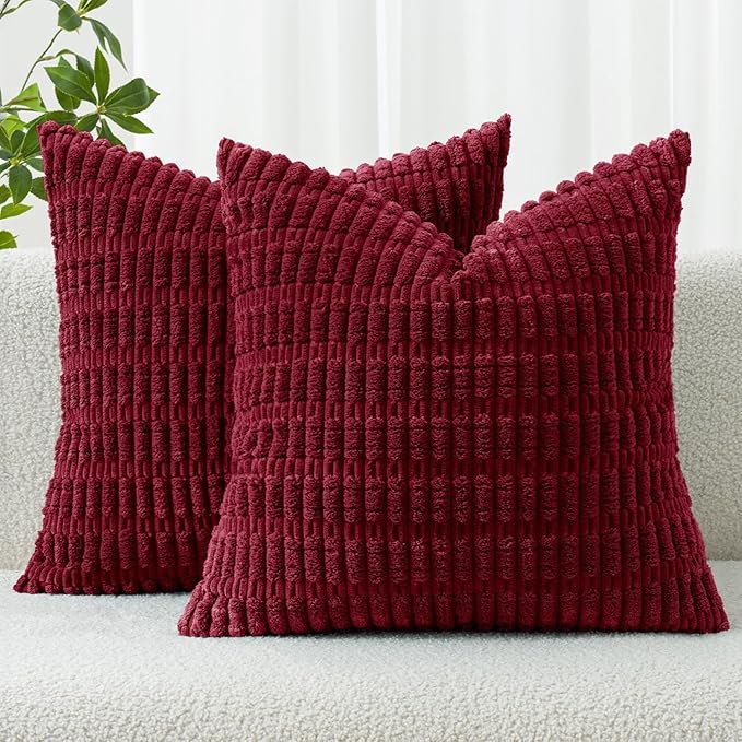 MIULEE Corduroy Decorative Throw Pillow Covers 20x20 Burgundy Pack of 2 | Soft Boho Striped Pillow Covers Modern Farmhouse Home Decor For Sofa Living Room Couch Bed