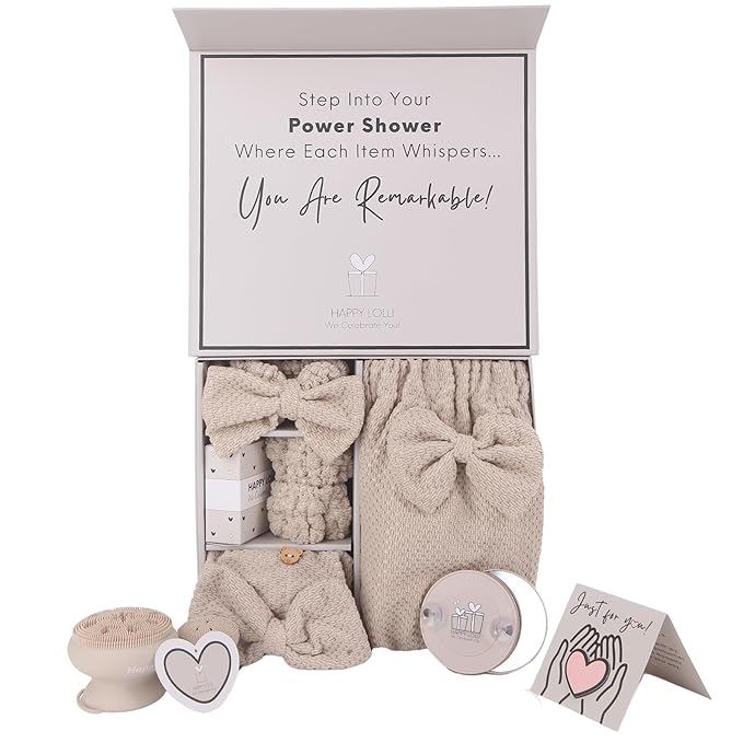 HAPPY LOLLI Power Shower Gift Set for Teen & College Girls, Birthday Gift, Self Care College Essentials Bath Accessories with Towels, Headband, Wristbands & Face Sponge (Fresh in Beige)