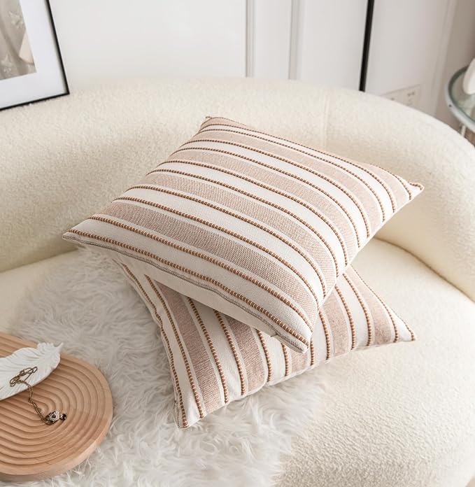 Cethom Decorative Boho Throw Pillow Covers, Farmhouse Textured Pillow Case, 18 x 18 Inch Set of 2, Chair Sofa Bedroom Living Room Home Decor Couch Cushion Case, Brown and Beige Striped