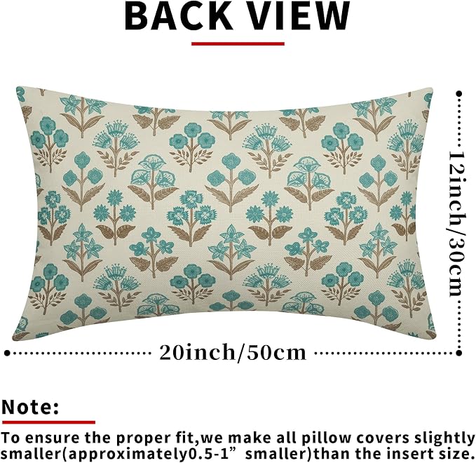 Brown Cyan Floral Pillow Covers 12x20 Inch Set of 2, Block Print Lumbar Flower Cream Decorative Throw Pillowcases Outdoor Farmhouse Rectangle Cushion Covers Spring Summer Sofa Couch Bed Decor