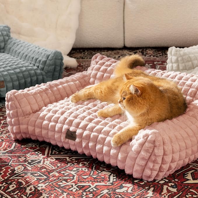 Cat Couch Bed with Fluffy Faux Rabbit Fur for Indoor Cats, 30 Inch | Cute Fuzzy Cat Sofa Recliner With Washable Cover, Suppportive Cozy Pets Couch in 3D Diamond Pattern, Pink