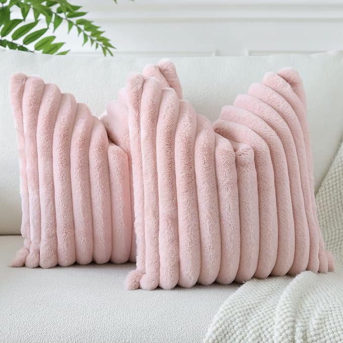 Soleebee Set of 2 Throw Pillow Covers Soft Cozy Velvet Pillowcase Faux Rabbit Fur Cover for Couch Sofa Bed Chair Home Decorative Pillows Cover (18x18 Inch, Blush Pink)