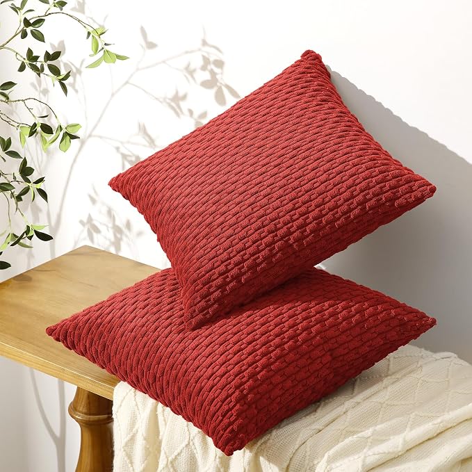 Softalker Corduroy Decorative Throw Pillow Covers 18x18, Set of 2, Red | Soft Boho Striped Pillow Cases, Couch Fluffy Cushion Covers for Farmhouse Home Decor Bed Living Room