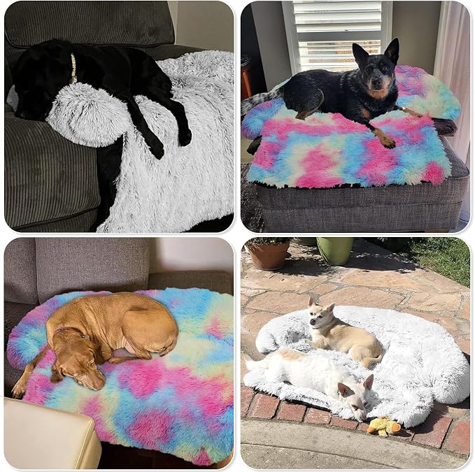 GGIB Calming Dog Bed Fluffy Plush Dog Mat for Furniture Protector with Removable Washable Cover for Large Medium Small Dogs and Cats (Extra Large (53x39.3x6), Rainbow)