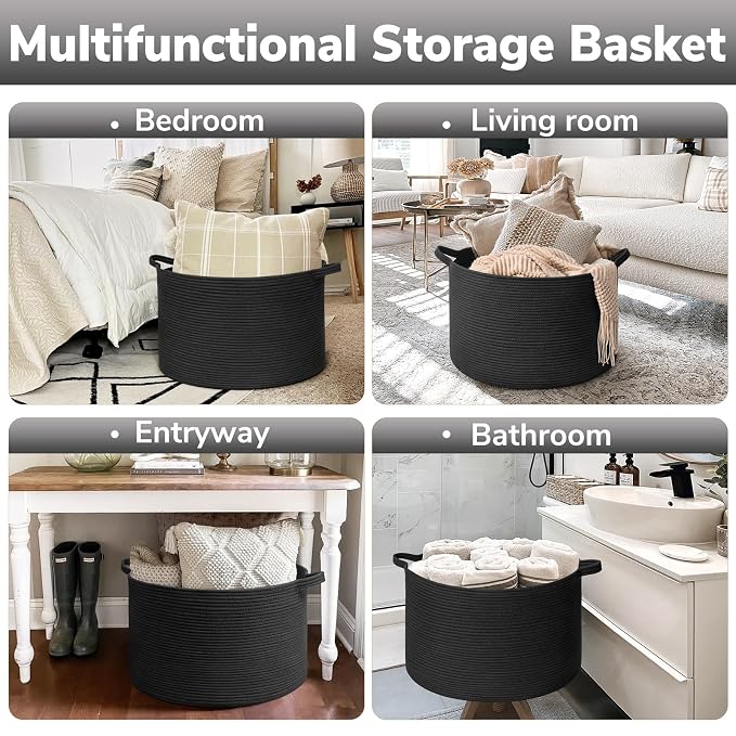 Goodpick Large Woven Basket for Blankets, Nursery & Living Room Decor, 85L | 21.7 x 21.7 x 13.8 In Toy Storage Basket for Nursery, Blanket Basket for Living room, Laundry Basket, Black