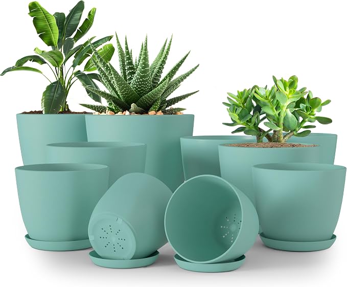 Plant Pots Indoor with Drainage, 10 Pack Multi-Size Planters Set, Aqua | Drainage holes included Multiple sizes 7/6.6/6/5.3/4.8 In Indoor plants and flowers Durable plastic construction