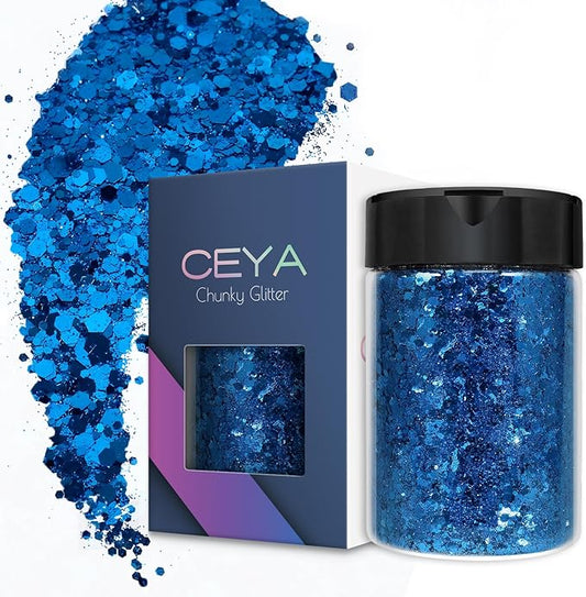 Ceya Chunky Glitter, 4.9oz/ 140g Royal Blue Craft Glitter Powder Mixed Fine Flakes Iridescent Nail Sequins for Nail Art, Hair, Epoxy Resin, Tumblers, Slime, Painting, Festival Decor