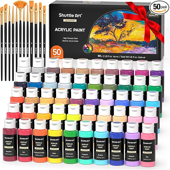Shuttle Art Acrylic Paint, 50 Colors Acrylic Paint Set, 2oz/60ml Bottles, Rich Pigments, Water Proof, Premium for Artists, Beginners and Kids on Canvas Rocks Wood Ceramic Fabric