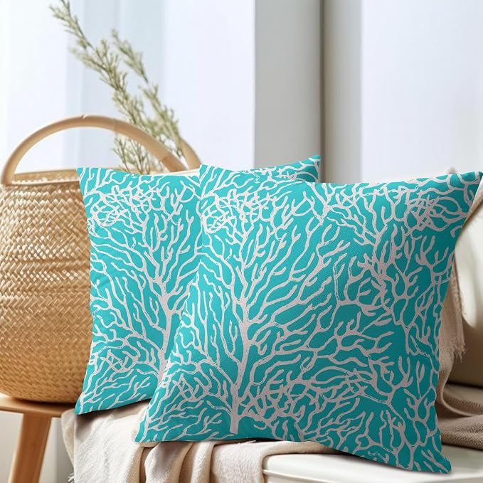 Nautical Coastal Coral Pillow Covers 20x20 Inch Set of 2 Summer Ocean Beach Aqua Teal Decorative Pillow Cases Outdoor Linen Cushion Cover Farmhouse Decor for Bedroom Home Sofa Couch Bed