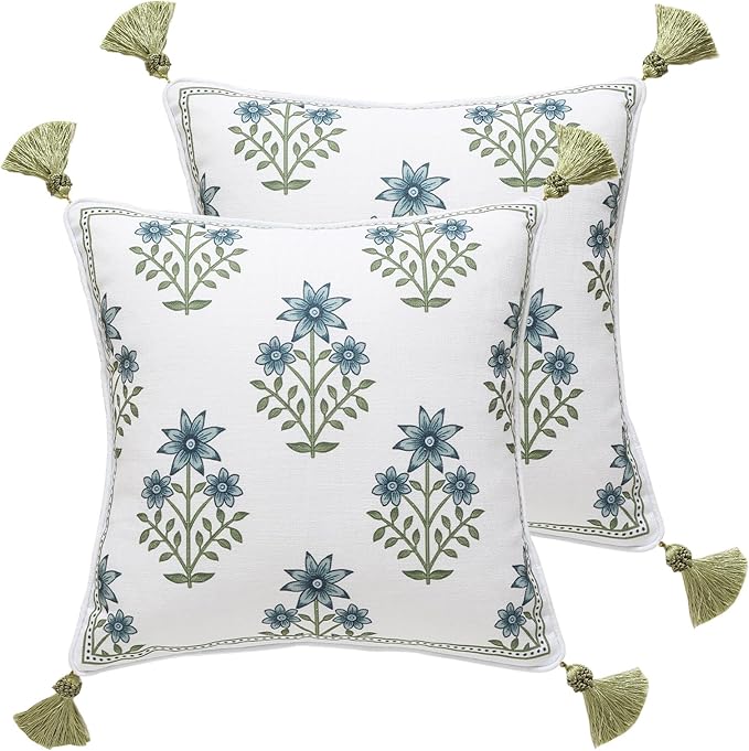 Designer Linen Throw Pillow Cover,Set of 2,18"x18"-Mosella B | Vintage Elegant Square Decor Pillow Cover,Concealed Zipper Design,Floral Pattern,Sofa,Bedroom,Living Room,Lounge Chairs