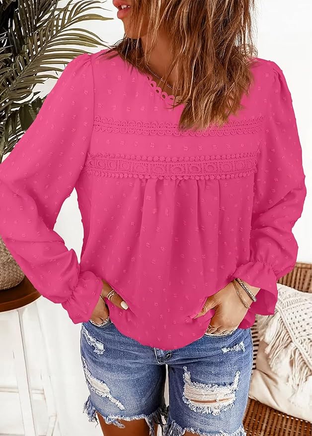 Womens Boho Tops Long Sleeve Shirts For Women Cute Crewneck Blouse Dressy Casual Swiss Dot Crochet Hollow Top 2026