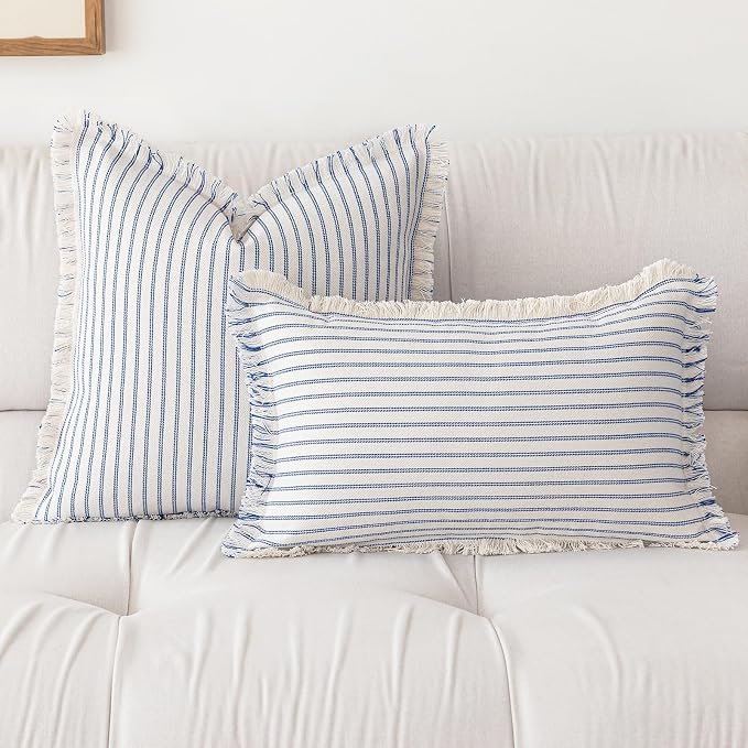 YEENAASY Throw Pillow Covers 22x22 Boho Striped Pillow Cases with Tassel | Set of 2 Fringe Pillow Cover Farmhouse Cushion Covers Neutral Pillows Decorative Square Pillowcase for Couch Sofa Bed, Blue