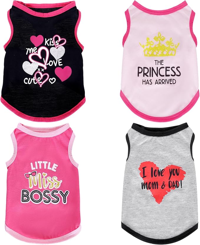 Pistha 4 Pack Dog Shirts Summer Printed Puppy Clothes Cute Sleeveless Pet T Shirts Dog Clothes for Small Medium Dogs Cats Girl(S)