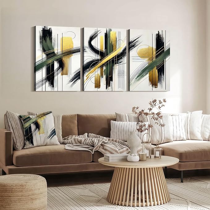 3 Pcs Framed Abstract Wall Art Modern Gallery Prints Black Green Gold Lines Canvas Painting Minimalist Poster Picture Living Room Bedroom Office Wall Decor 16x24 Inch Ready To Hang