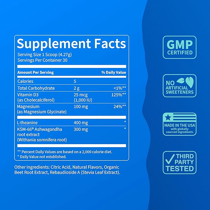Nello Supercalm Drink Mix - Ashwagandha KSM 66, Magnesium Glycinate, L-Theanine, Vitamin D3 - Ashwagandha Root Extract, Magnesium & L-Theanine Supplement - Focus & Support (30 Servings)