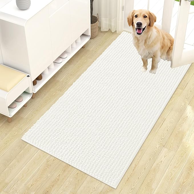 OLANLY Dog Door Mat for Muddy Paws 44x24, Extra Absorbent Chenille Mud Mat | Ivory, Absorbs Moisture and Dirt, Non-Slip Machine Washable Doormat, Quick-Drying Indoor Entryway Floor Mat for Dogs