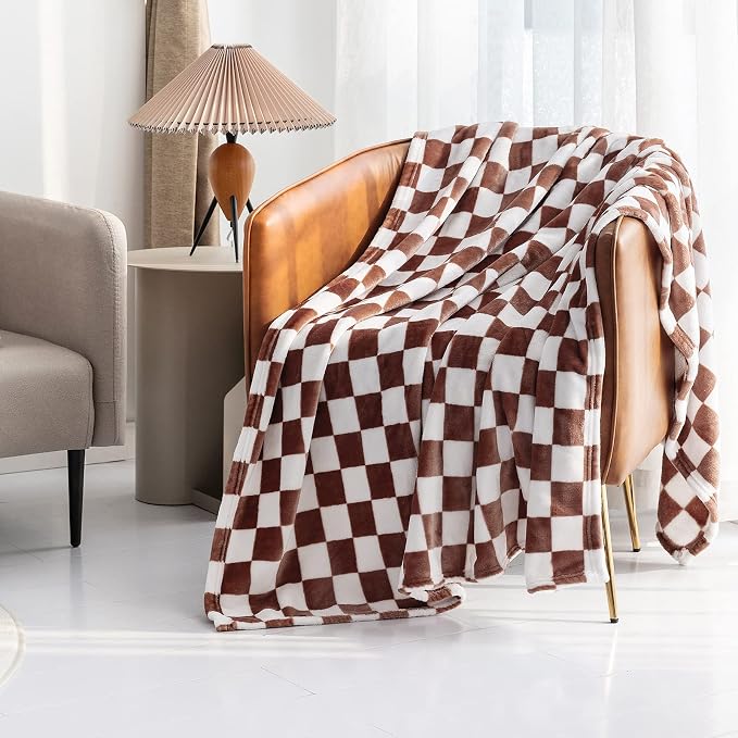 LOMAO Throw Blankets Flannel Blanket with Checkerboard Grid Pattern Soft Throw Blanket for Couch, Bed, Sofa Luxurious Warm and Cozy for All Seasons (Coffee, 40"x60")