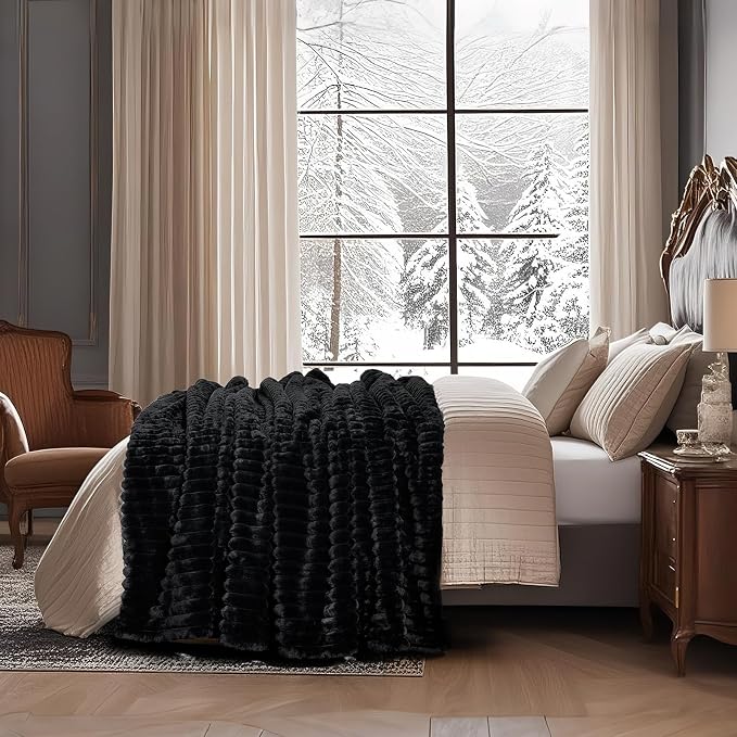Faux Fur Throw Blanket for Couch, Cozy Fuzzy Fluffy Fur Luxurious Soft Striped Plush Gift Blankets for Family Sofa Chair Bedroom, 55"x70", Black