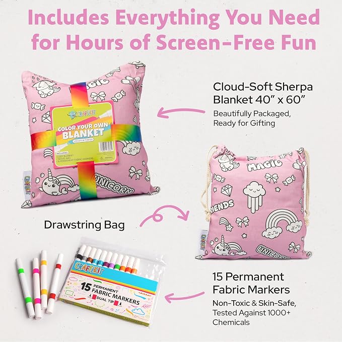 Craftikit Unicorn Coloring Blanket for Kids & Adults - 15 Markers | 40" x 60", Fabric Markers Included, Permanent Vibrant Sherpa Fleece Design, Ages 3+, Machine Washable, Gift Wrapped