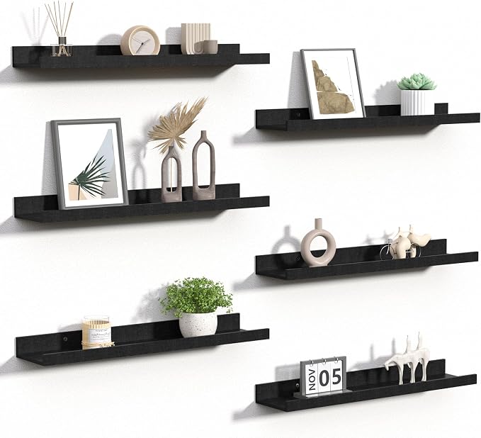 upsimples Floating Shelves for Wall Decor and Storage, Black, 6Pcs 23.6'' | Wall Mounted Wood Shelves for Living Room, Bedroom, Bathroom, Kitchen, Office, Nursery Room, Coffee Bar Display and Organize