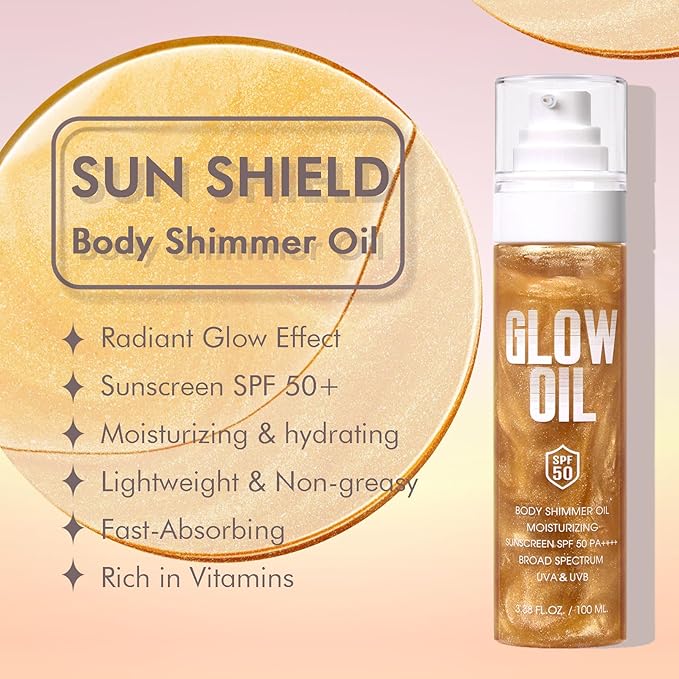 Body Glow Oil, Broad Spectrum SPF 50, Glitter Shimmer Sunscreen Body Oil Lotion with Sequin Mica, Lightweight Non-Sticky Moisturizer with Coconut, Skin Illuminator Glowing Results (01# Golden Amber)