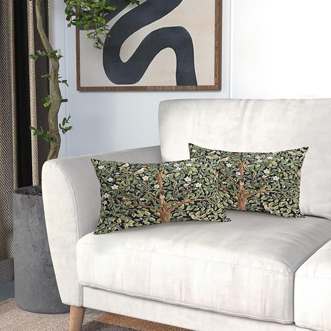 Tree Green Lumbar Pillow Covers 12X20 Inch Set of 2 Watercolor Forest Bird Floral leaves Decorative Pillow Cases Spring Summer Vintage Leaf Flower Cushion Case Farmhouse Home Decor For Sofa Couch