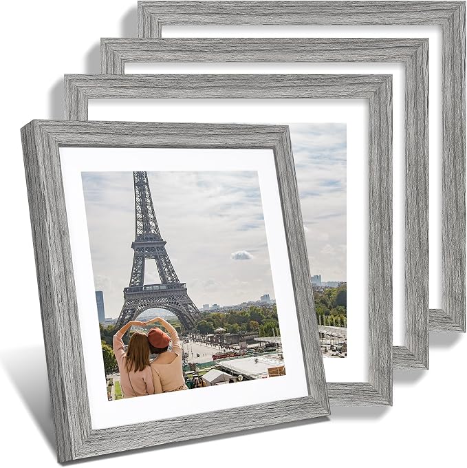 Hongkee 12x12 Picture Frame Set of 4 - Made of Glass and Grey Wooden Frame, Display Square Pictures 10x10 with Mat or 12 x 12 without Mat, Desktop & Wall Collage Photo Frame