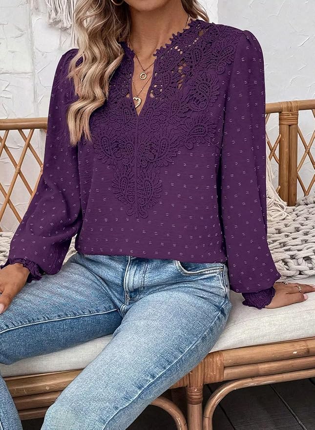Womens Tops Swiss Dot Boho Long Sleeve Shirts V Neck Casual Chiffon Blouses Flowy Lace Hem Cute Clothing Trendy 2026