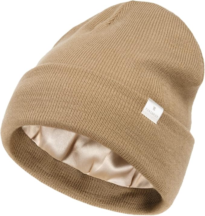 YANIBEST Satin Lined Beanie for Women Reduce Frizz Winter Hats for Women Men Silk Lining Soft Slouchy Warm Cuffed Less Static