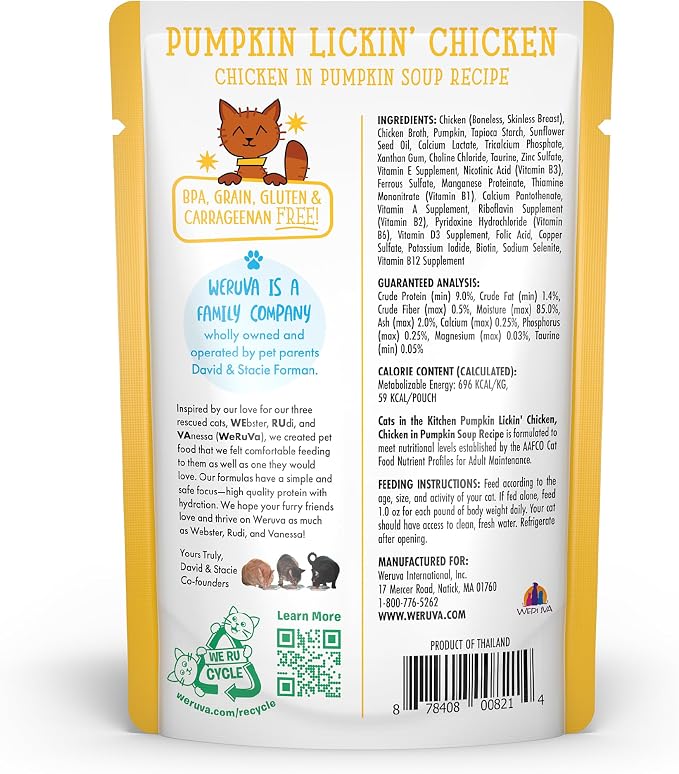Weruva Cats in the Kitchen, Pumpkin Lickin' Chicken with Chicken Breast in Pumpkin Soup Cat Food, 3oz Pouch (Pack of 12)