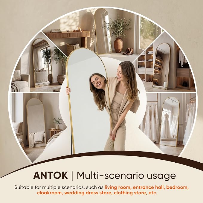 Antok 58" x19” Arched Full Length Floor Mirror, Gold Aluminum Frame, Free Standing/Wall Mount/Leaning for Bedroom, Living Room, Dressing Room