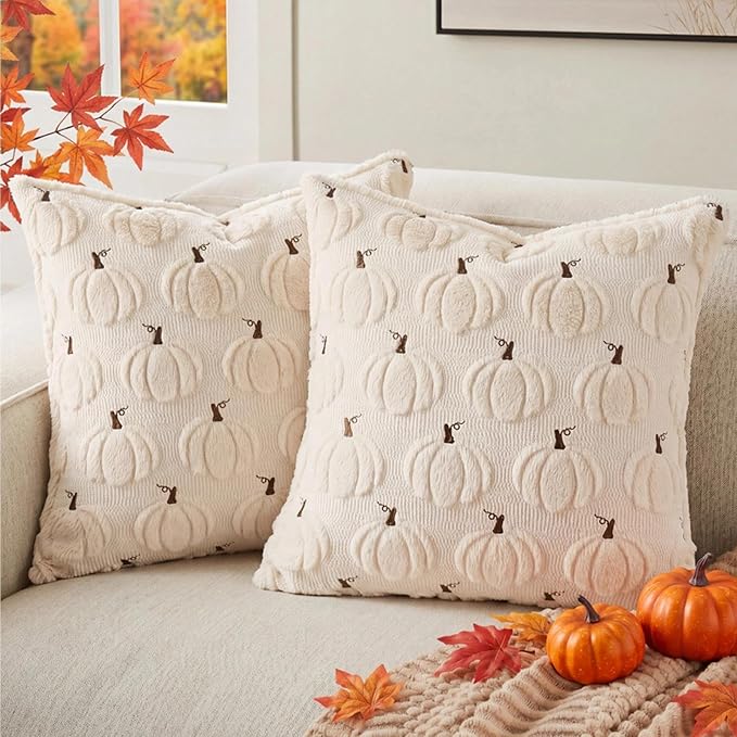 Fall Beige Pillow Covers 20x20 Set of 2 Double-Sided Pumpkin Decor | Beige plush comfort with raised pumpkin embroidery, designed for living rooms, bedrooms, and cozy fall home decorations.