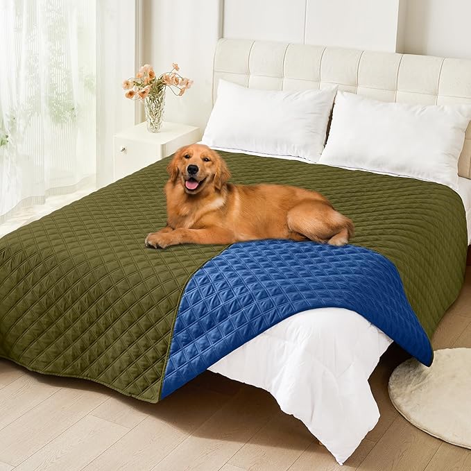 Smiry Waterproof Reversible Dog Bed Cover Pet Blanket | Pet Friendly, Soft Fabric, Washable Dog Blanket for Furniture Bed Couch Sofa, Checkered (82"x102", Green/Navy)
