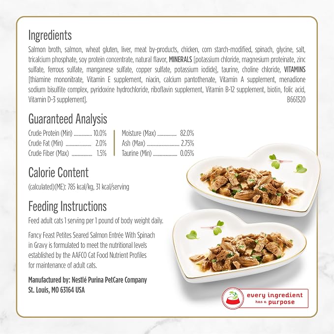 Purina Fancy Feast Petites Seared Salmon Wet Cat Food, 2.8 oz, 12-Pack | 24 single servings made with Seared Salmon with Spinach. No artificial colors or preservatives. Conveinent break-apart tubs