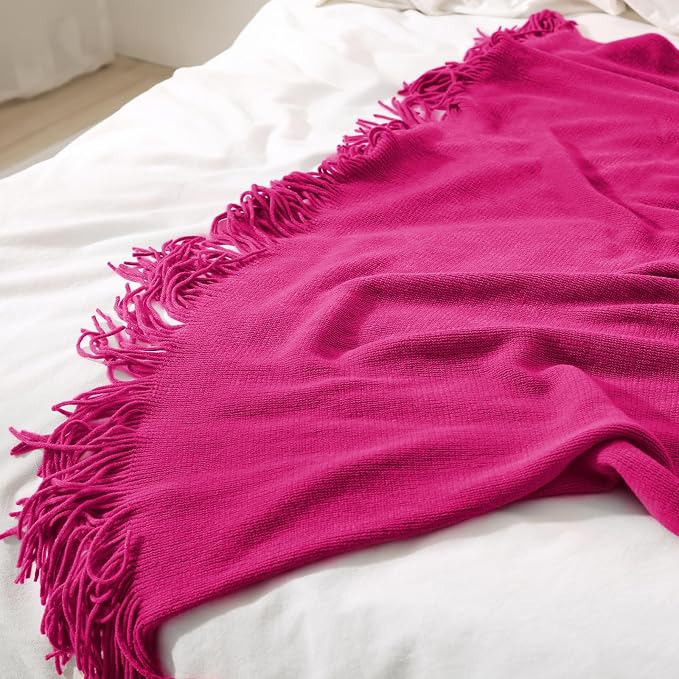 Homiest Dark Pink Knitted Throw Blanket with Fringe, 50x60 Inch | Pure Acrylic, Lightweight & Breathable, All-Season Use, Machine Washable, Wrinkle & Fade Resistant, for Couch Sofa And Bed