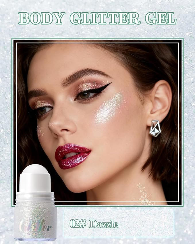 Roll-on face Body Glitter Gel, Holographic Dazzle Long Lasting Body Glitter Gel for Face Hair, Mermaid Makeup Chameleon Shimmer Sequins, Christmas Festival Party Rave Accessories for Women Gifts-02