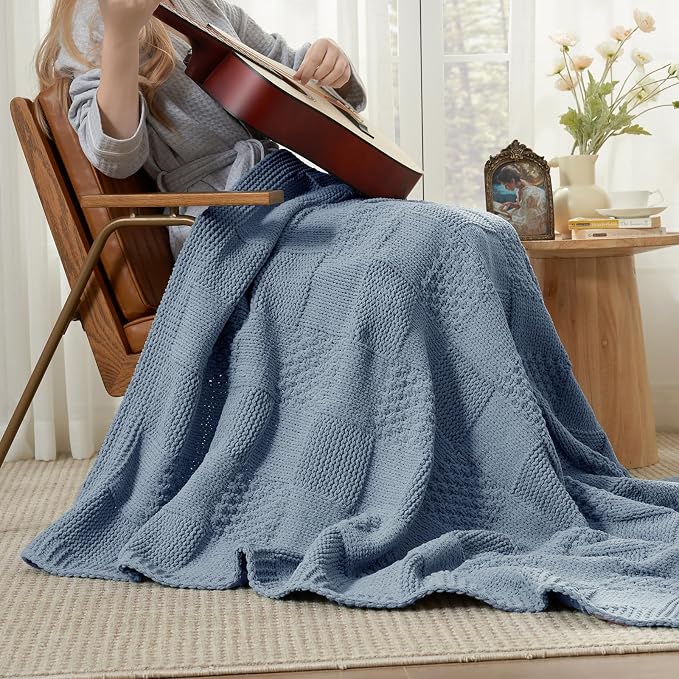 Knit Throw Blanket, Soft Chenille Cozy Breathable Checkered Chunky Decorative Blanket for Couch, Bed & Sofa, French-Inspired Lightweight Warm Gift for Women, Washed Blue, 50"x60"