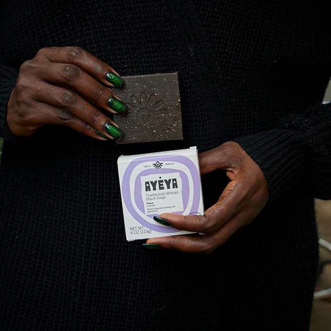 AYÉYA African Black Soap Bar, Lavender (Peace) – Exfoliating Bar Soap for Dry, Combination, Sensitive, Acne-Prone Skin, 4 Oz