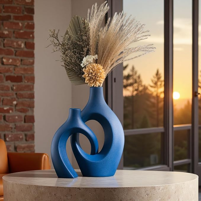 Snuggle Hollow Ceramic Vase Set of 2, 11 inch Modern Nordic Coastal Shaped Pampas Grass Aesthetic Decorative Table Vases for Living Room Shelf Home Decor (Matte Navy Blue -L)