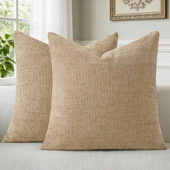 a moment Light Brown Chenille Throw Pillow Covers 20x20 Inch Pack of 2 Modern Decorative Throw Pillow Covers Farmhouse Cross Covers Home Decor for Sofa Bedroom Living Room