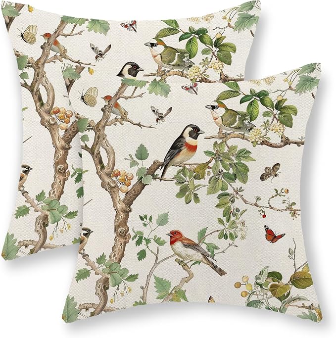 Chinoiserie Pillow Covers 18x18 Inch Set of 2 Green Floral Bird Throw Pillows Vintage Flower Decorations Pillow Cases Outdoor Chinoiserie Decor Farmhouse Linen Cushion Cover for Couch Home