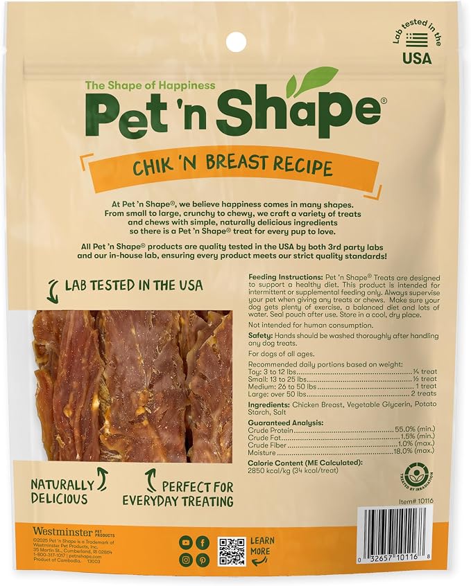 Pet 'n Shape Chik 'n Breast Jerky Dog Treats - 1 Pound | Premium chicken breast, Limited ingredients, Wheat and soy free, Everyday reward, For all life stages, High-protein snack