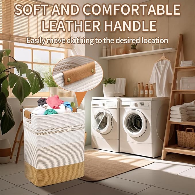 Laundry Hamper, 85L Cotton Rope Laundry Basket, Jute & White | Foldable nursery hamper with leather handles; store blankets, toys, baby clothes and laundry in bedroom or living room