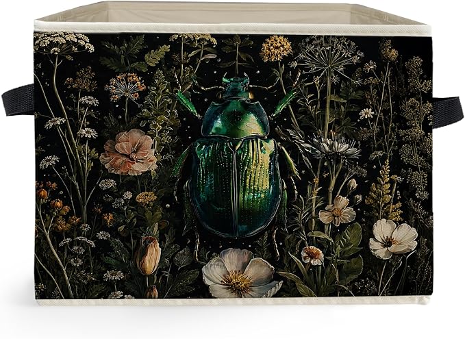 Moody Green Beetle Floral Storage Box Bins, Dark Cottagecore Wildflower Insect Collapsible Storage Basket Organizer for Bedroom Laundry Room Home Clothes Books, Decor for Room