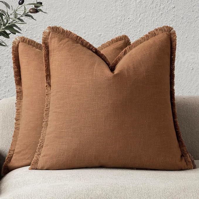 Foindtower Set of 2 Decorative Linen Fringe Throw Pillow Covers Boho Farmhouse Cushion Cover with Tassels Soft Accent Pillowcase for Couch Sofa Bed Living Room Home Decor,20×20 Inch,Orange Brown