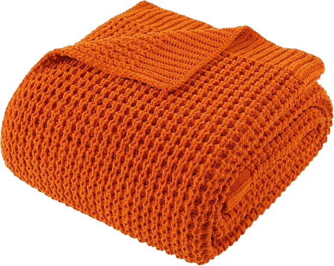 Burnt Orange Throw Blanket for Couch, Fall Waffle Knit Throw Blanket 50x60 | Chunky Chenille Throw Blanket, Soft Warm Decorative Fall Blanket for Sofa Bed, Ideal Fall Home Decor